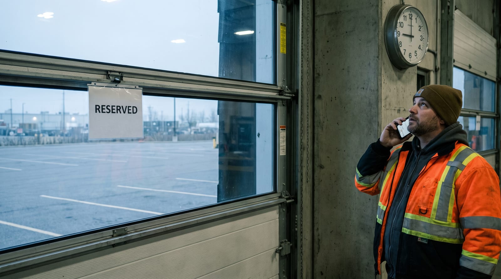 An empty warehouse dock door open to a vacant lot with a RESERVED sign, a dock coordinator on the phone looking up at a wall clock