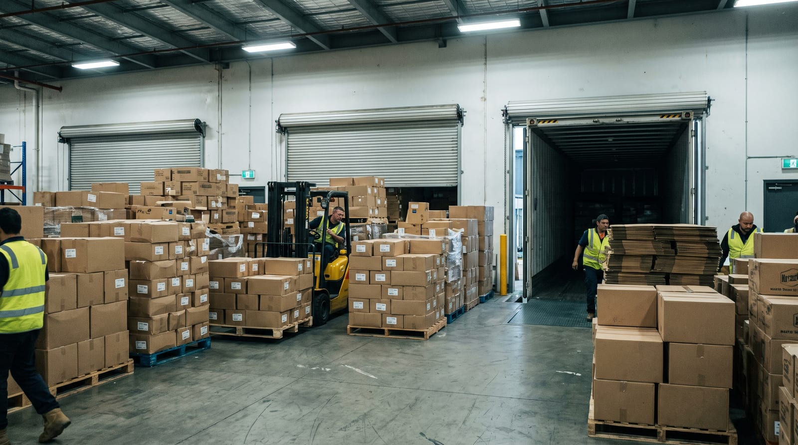 A distribution center receiving area overfilled with stacked pallets crowding the aisles and blocking dock doors, a forklift boxed in