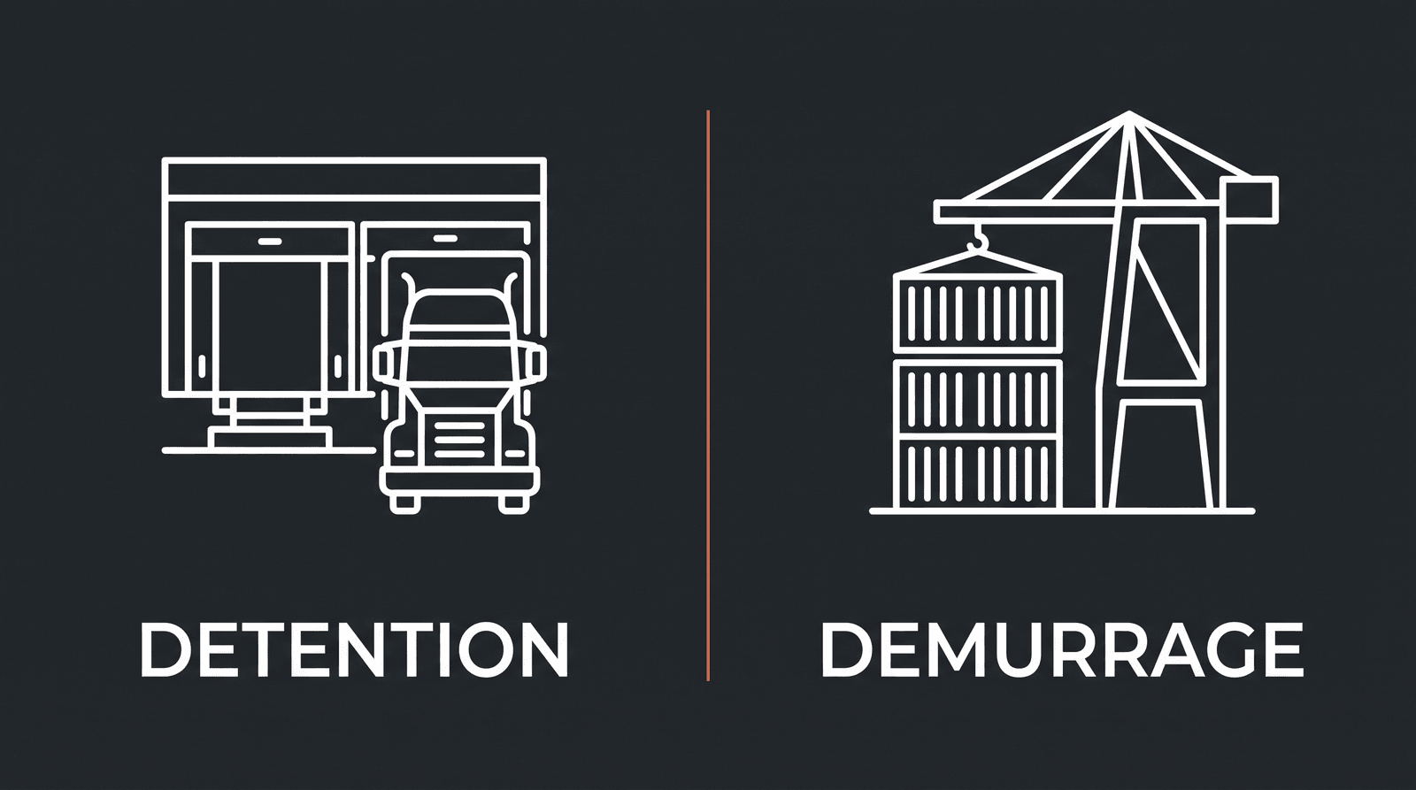 Split diagram: a truck at a warehouse dock door labeled detention, and stacked shipping containers beside a port crane labeled demurrage